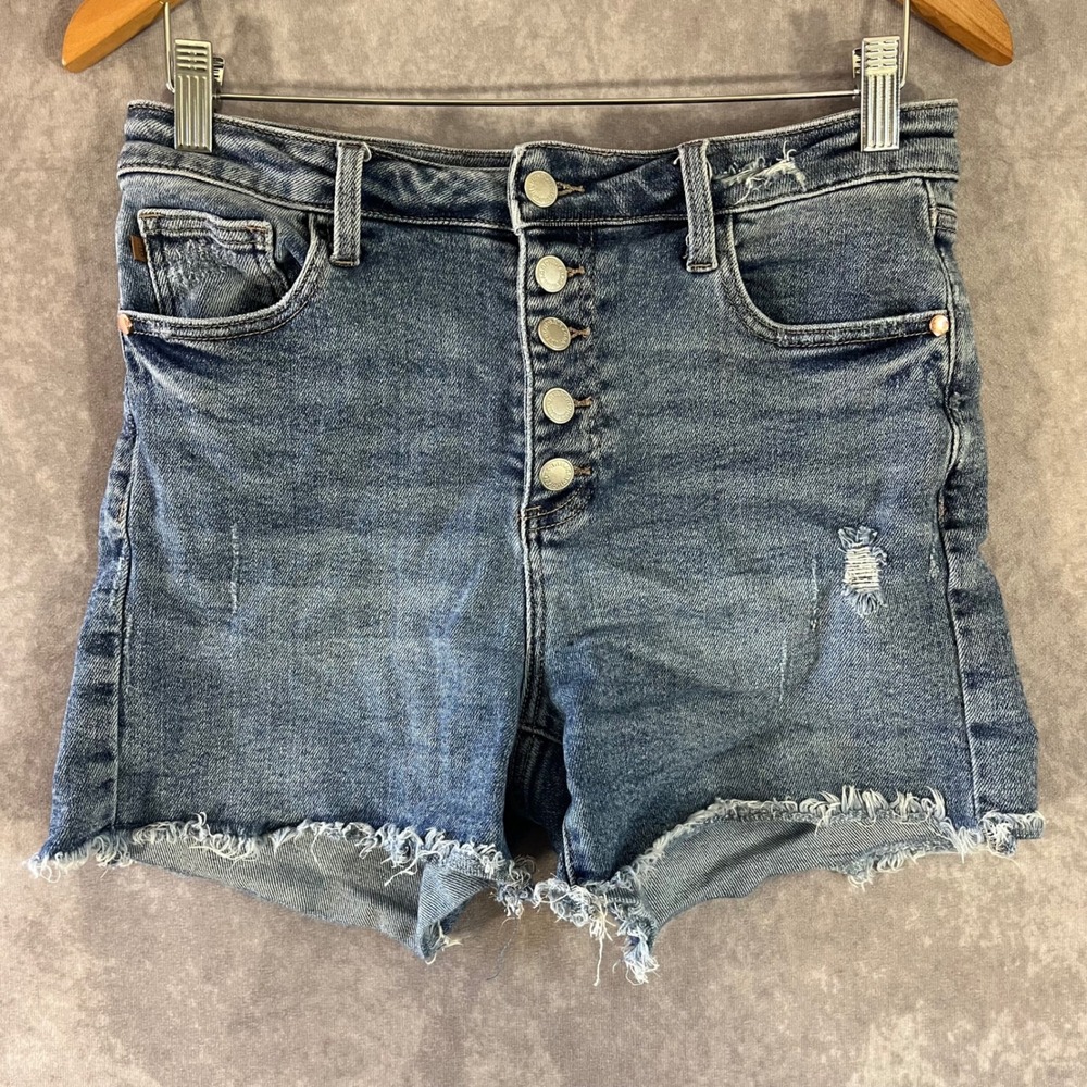Judy Blue High Rise Button Fly Denim Shorts Women Large Blue Distressed JB150206
